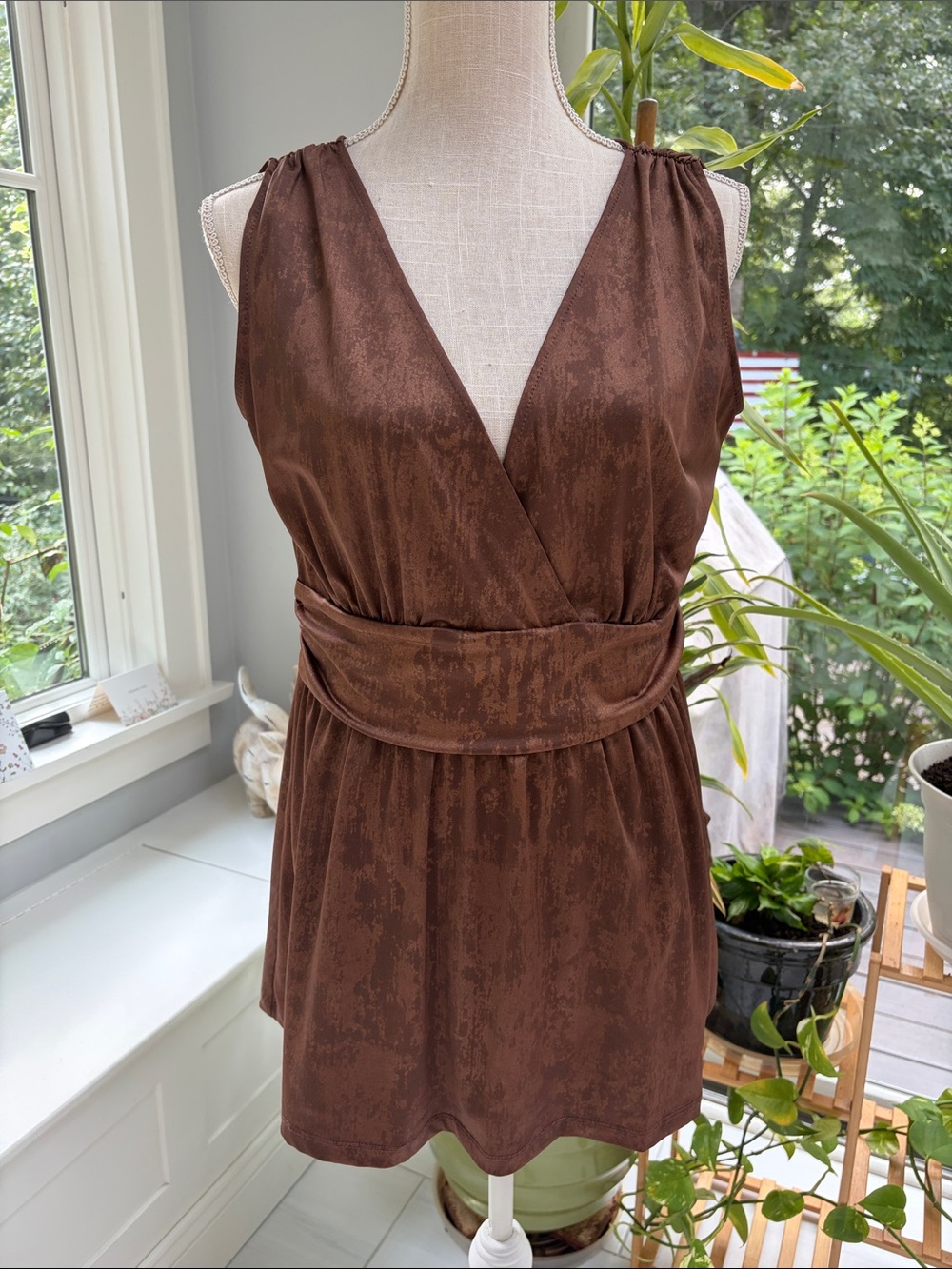 Brown Sleeveless V-neck Wrap Top
